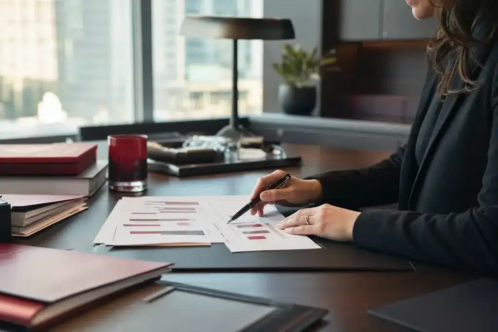 criminal defense law firms SEO cost: a hand with a pen reviewing a marketing budget docum