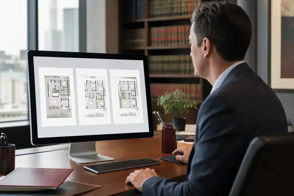 criminal defense law firms SEO cost: three clean plan option cards compared on a monitor
