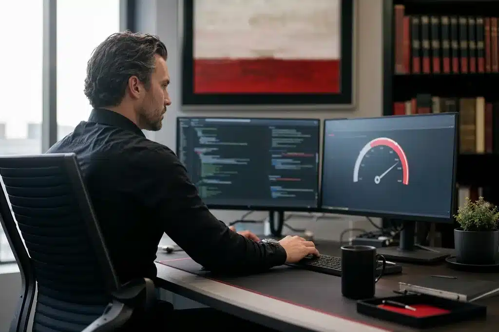 technical SEO for criminal defense law firms: a web developer at a workstation with clean code on