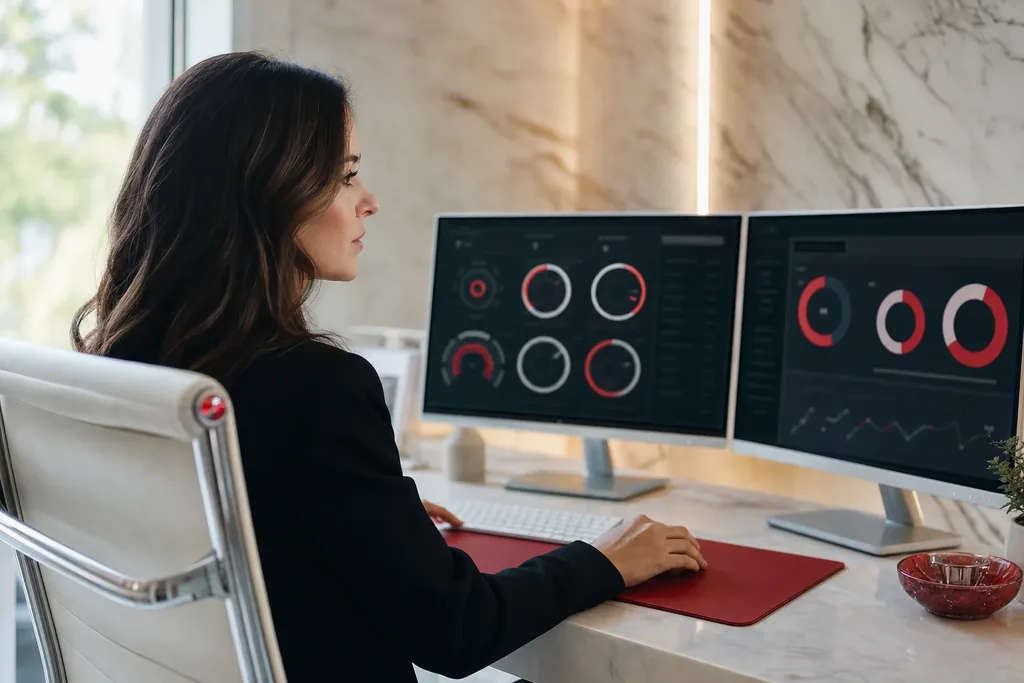 AI visibility audit for facelift surgeons: an analyst reviewing a visibility audit dashboard wi