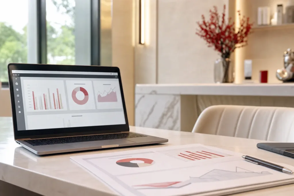 AI visibility audit for facelift surgeons: a printed analytics report with simple charts on a d