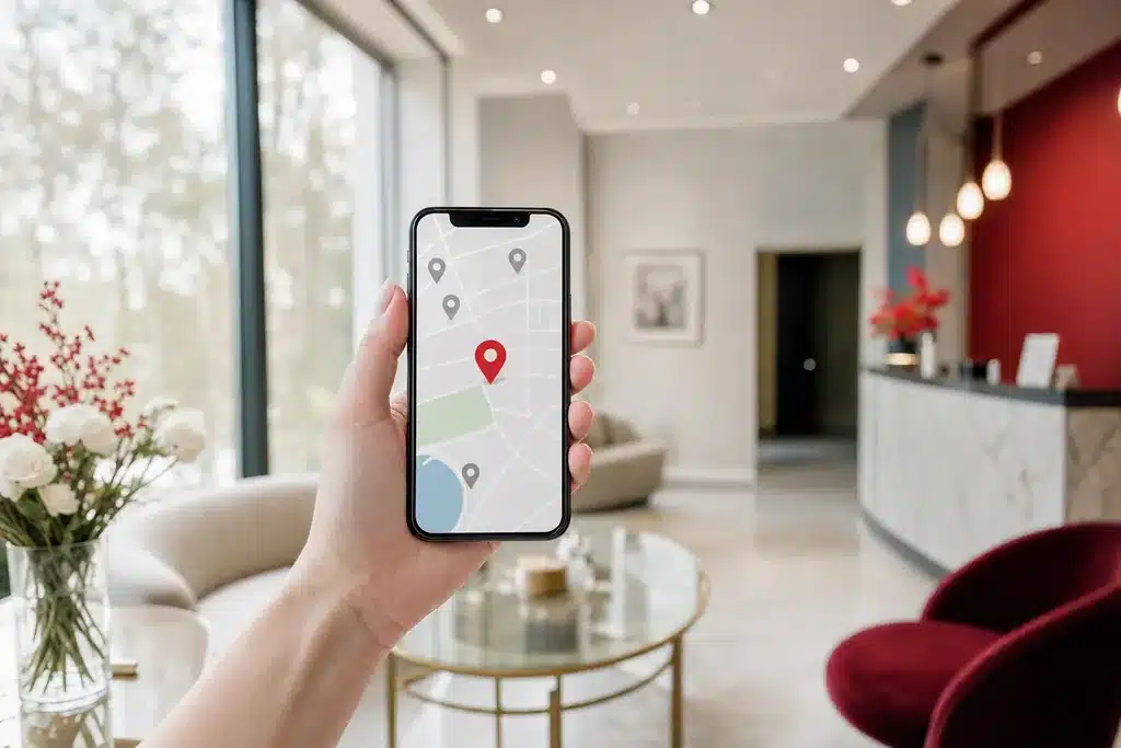 local SEO for facelift surgeons: a hand holding a smartphone showing a stylized local