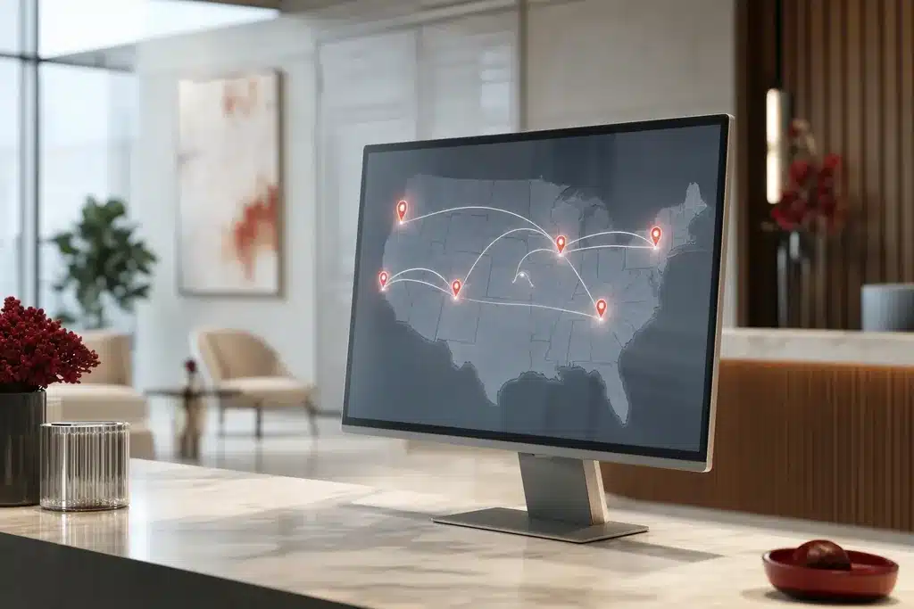 local SEO for facelift surgeons: a monitor showing a multi location map with several