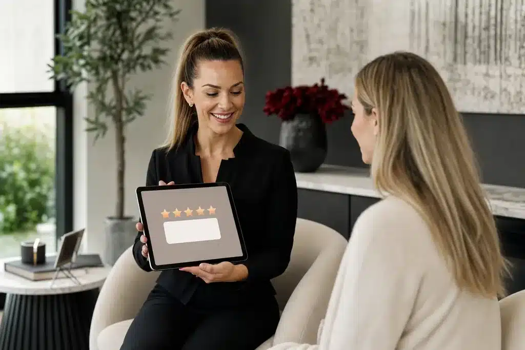 local SEO for facelift surgeons: a tablet showing five star rating stars and a clean