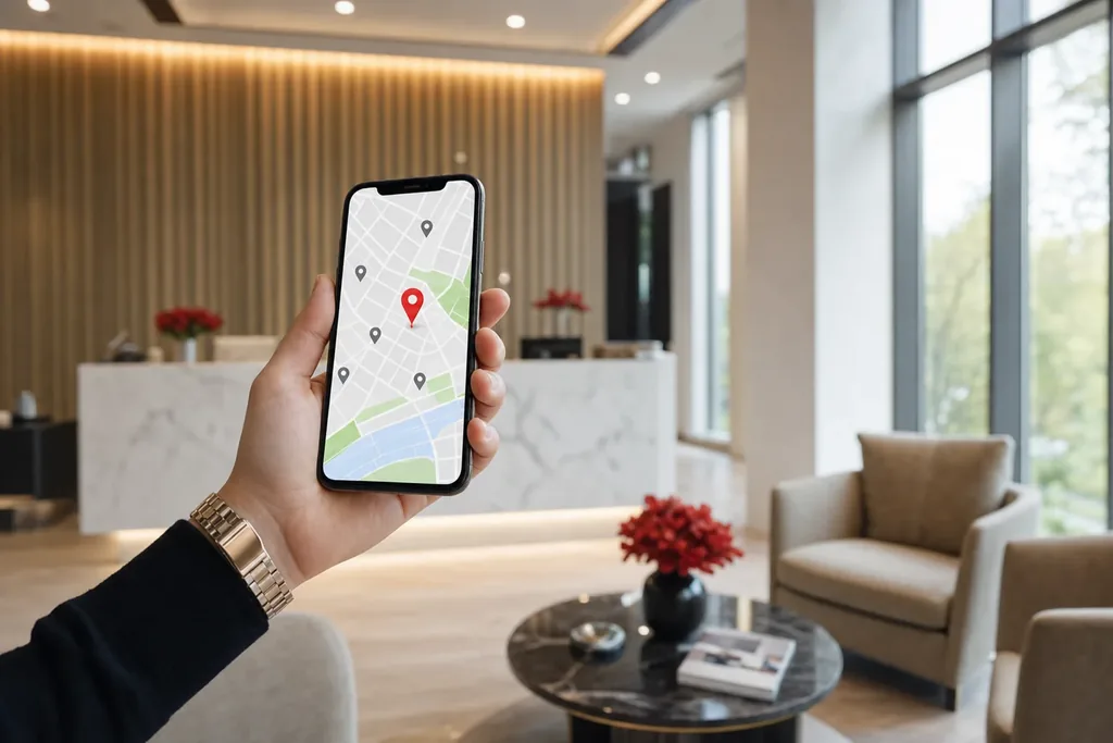SEO agency for facelift surgeons: a hand holding a smartphone showing a stylized local