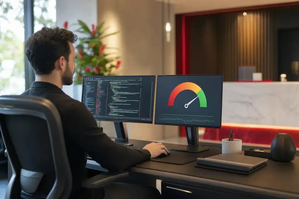 technical SEO for facelift surgeons: a web developer at a workstation with clean code on