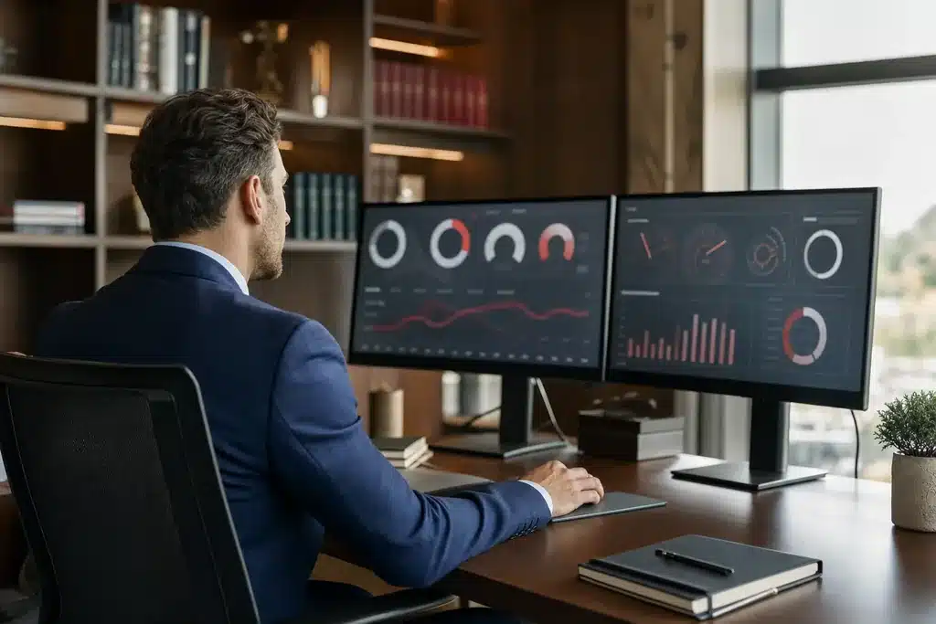 AI visibility audit for family law firms: an analyst reviewing a visibility audit dashboard wi