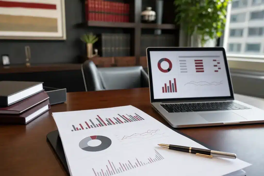 AI visibility audit for family law firms: a printed analytics report with simple charts on a d