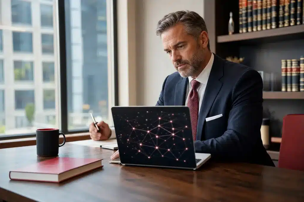 GEO agency for family law firms: a photographic network of connected glowing nodes on