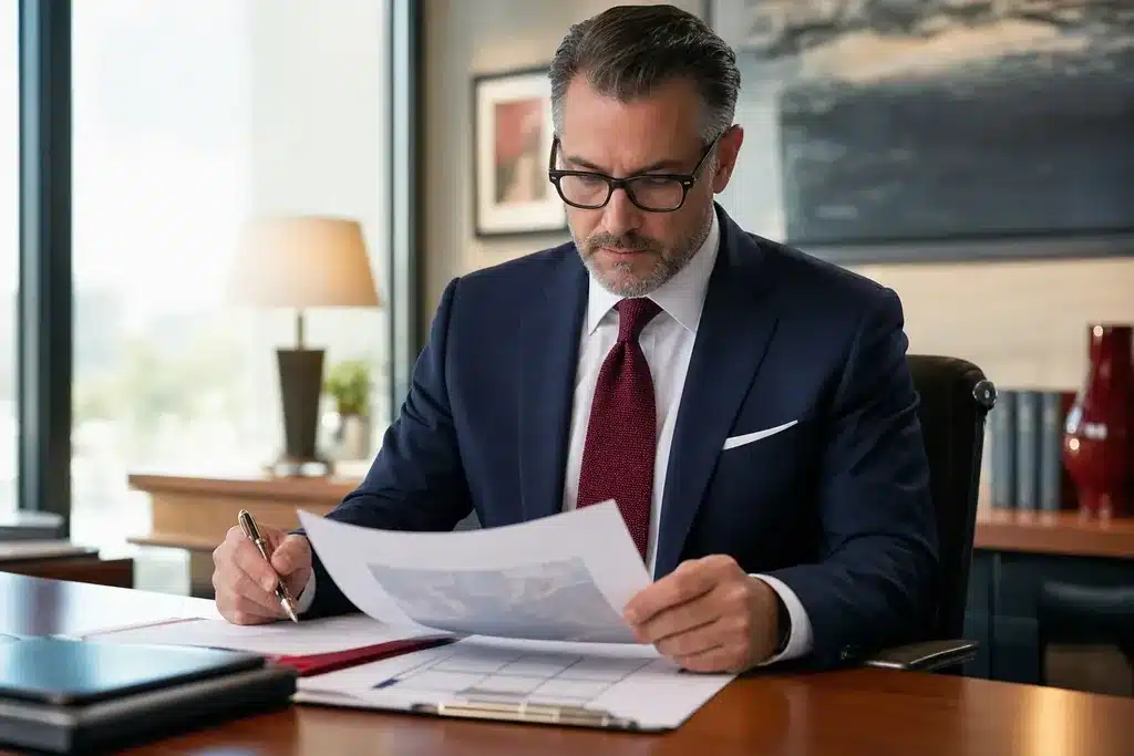 best SEO agency for family law firms: a decision maker at a desk reviewing agency proposal