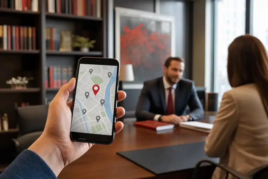 local SEO for family law firms: a hand holding a smartphone showing a stylized local