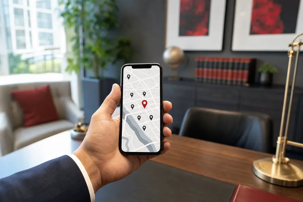 SEO agency for family law firms: a hand holding a smartphone showing a stylized local