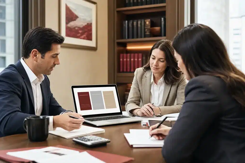 family law firms SEO cost: a budget planning meeting with a laptop showing a si