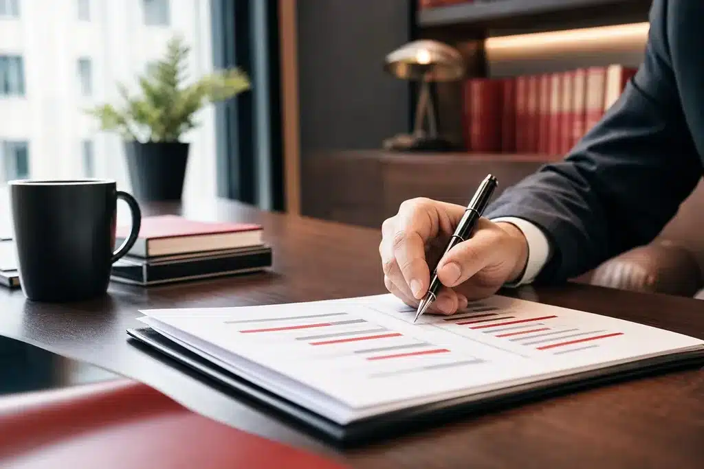 family law firms SEO cost: a hand with a pen reviewing a marketing budget docum