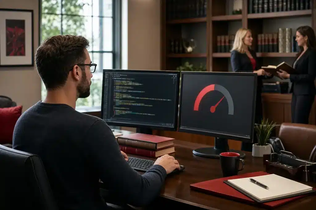 technical SEO for family law firms: a web developer at a workstation with clean code on