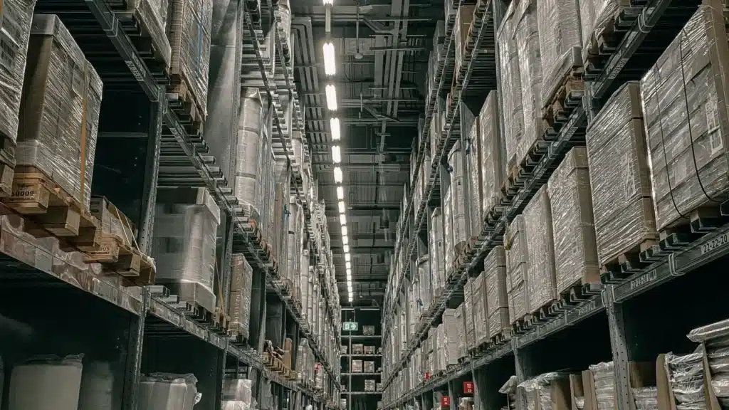 Shopify and DTC Digital Marketing Agency: organized warehouse aisle filled with products