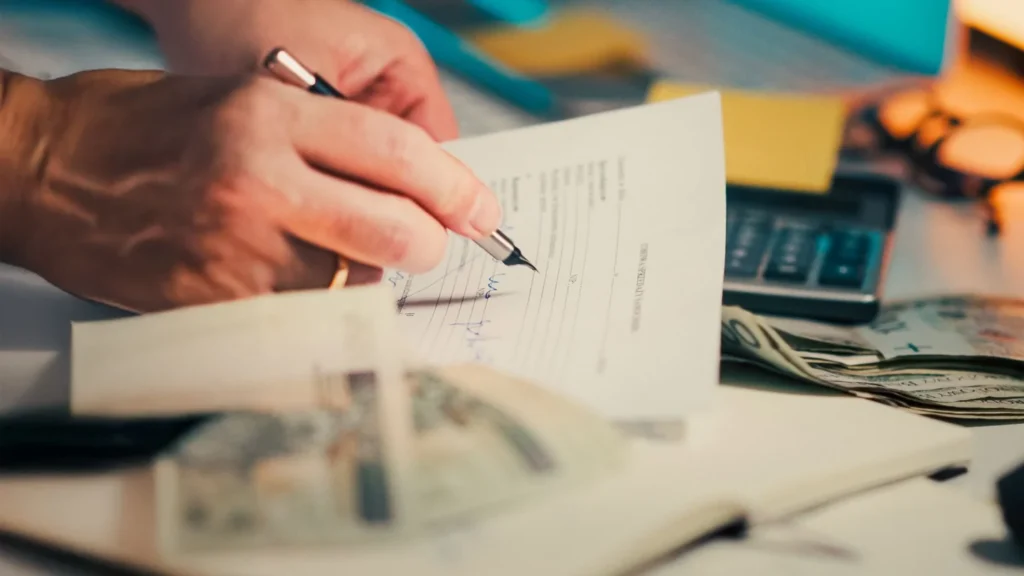 Banks Marketing Company: business desk with financial documents and contract materials