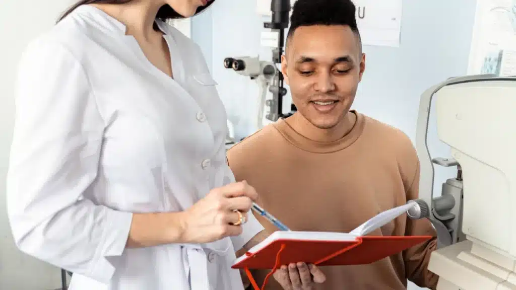 Dermatology AI SEO Agency Photo B Dermatology GEO Agency: eye care specialist examining a patient