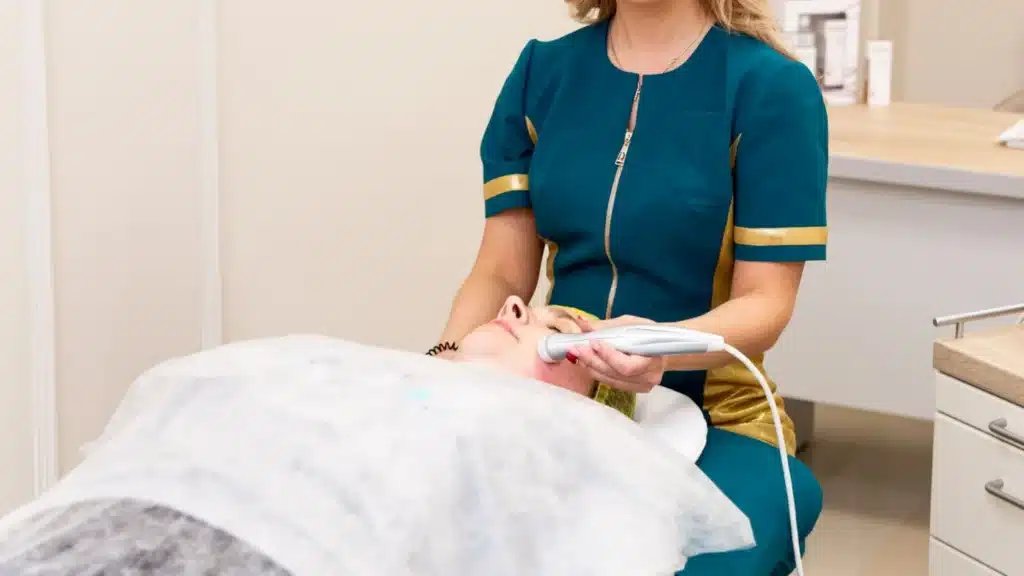 Rhinoplasty Digital Marketing Company: healthcare professional performing a cosmetic facial treatment in a clean clinical setting