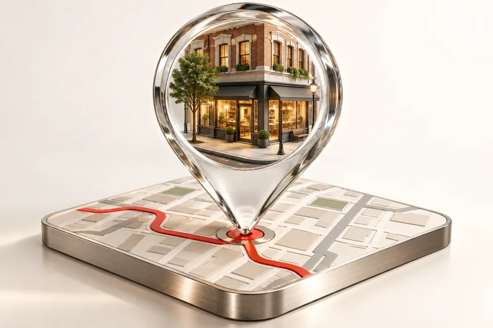 Local storefront framed by a map pin for nearby customer discovery
