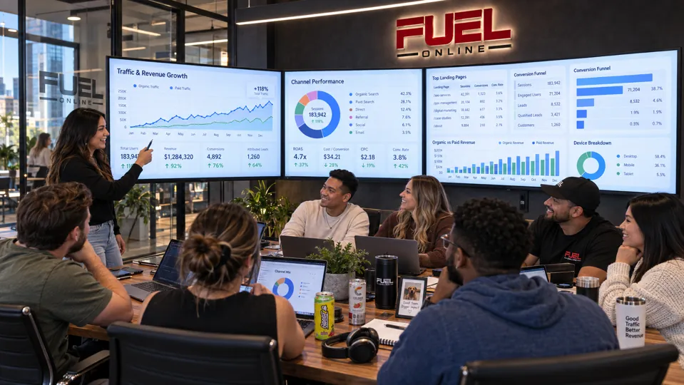 Conceptual Fuel Online analytics workshop reviewing acquisition channels and conversion performance
