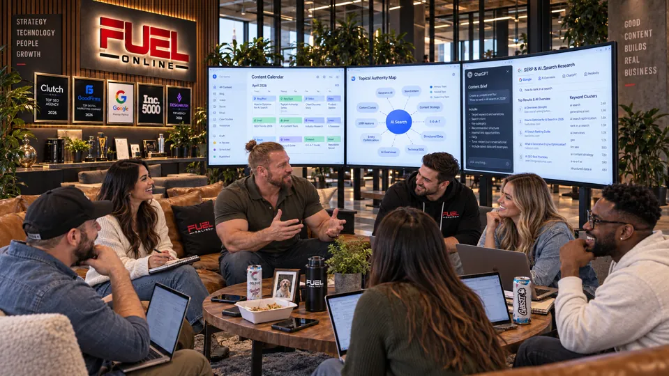 Conceptual Fuel Online content workshop reviewing topic authority and AI-search research