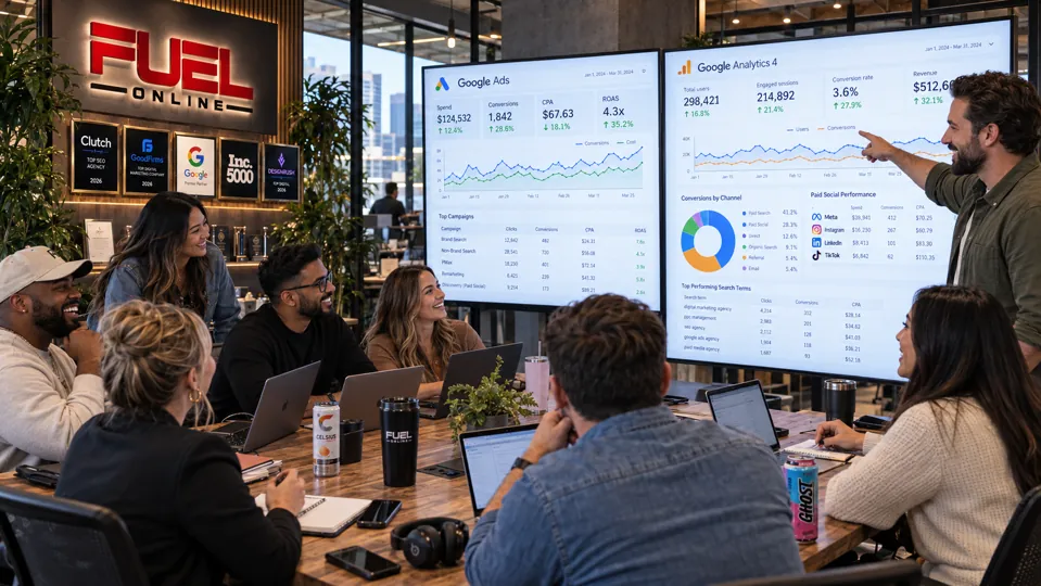 Conceptual Fuel Online strategy workshop reviewing paid media and analytics