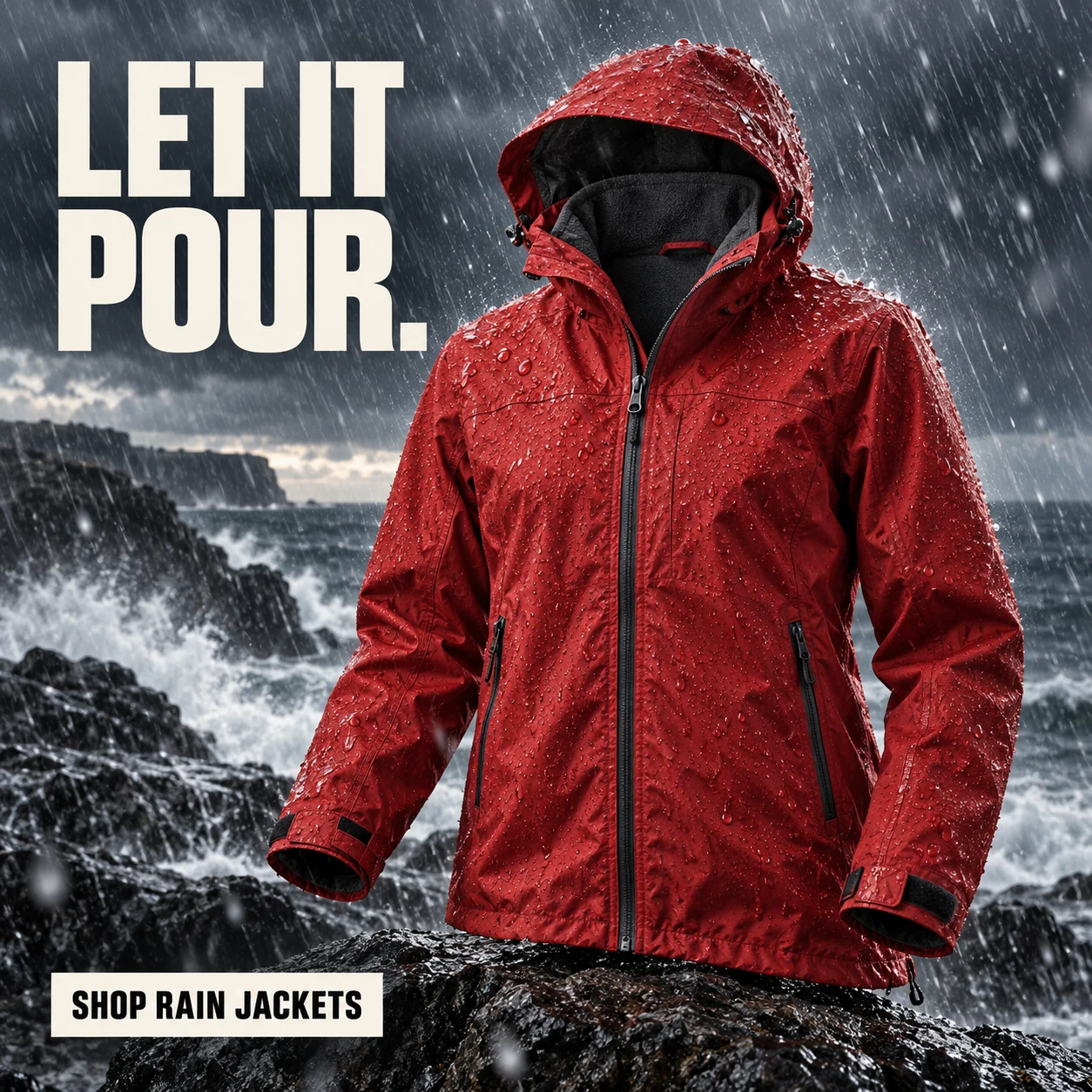 Outdoor apparel advertisement featuring a deep red hooded rain jacket in wind-driven rain, with detailed water beads on its shell and dry charcoal fabric inside the hood, under the headline LET IT POUR.