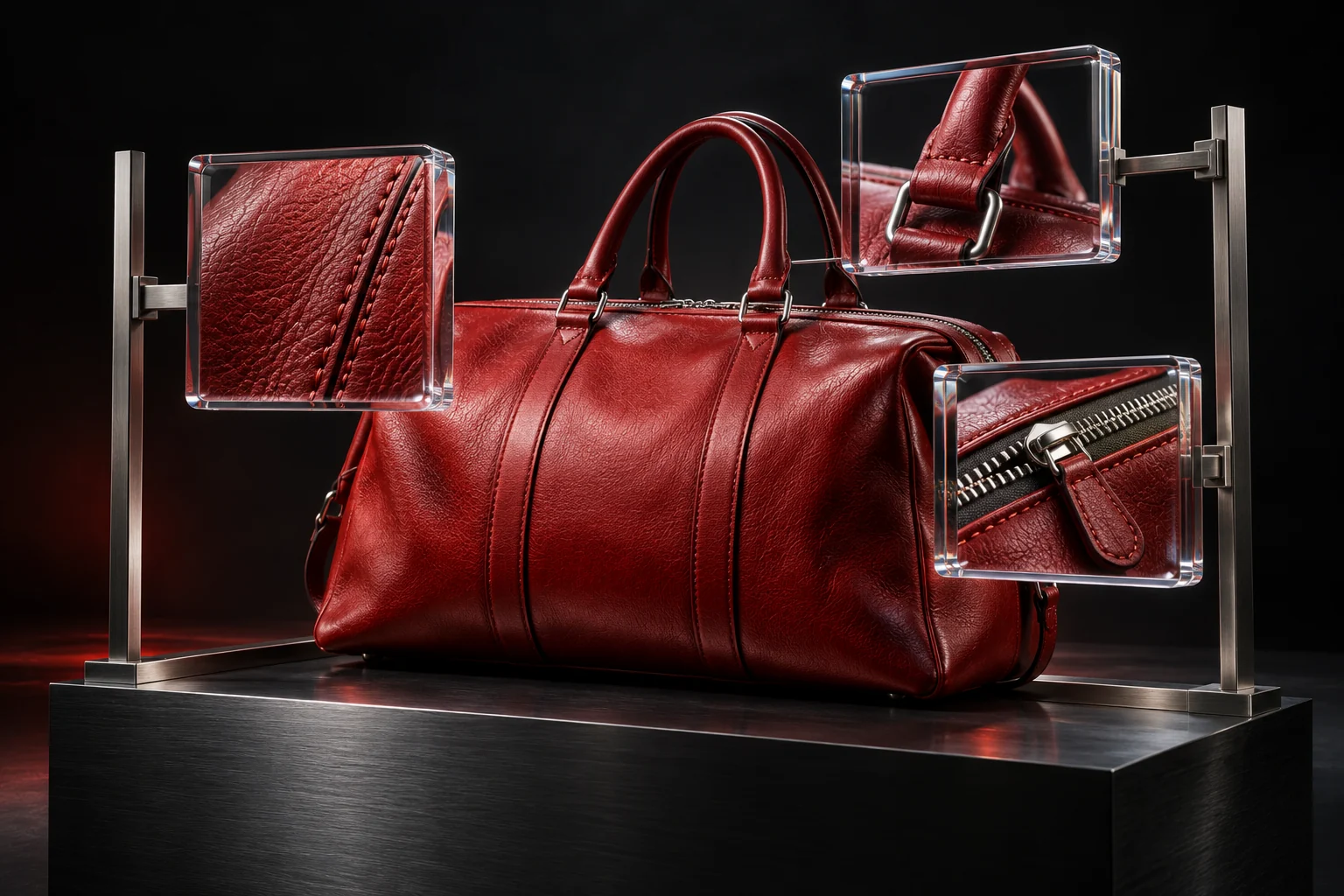 Conceptual product-detail photography: a red leather bag with optical lenses revealing material, hardware and stitching