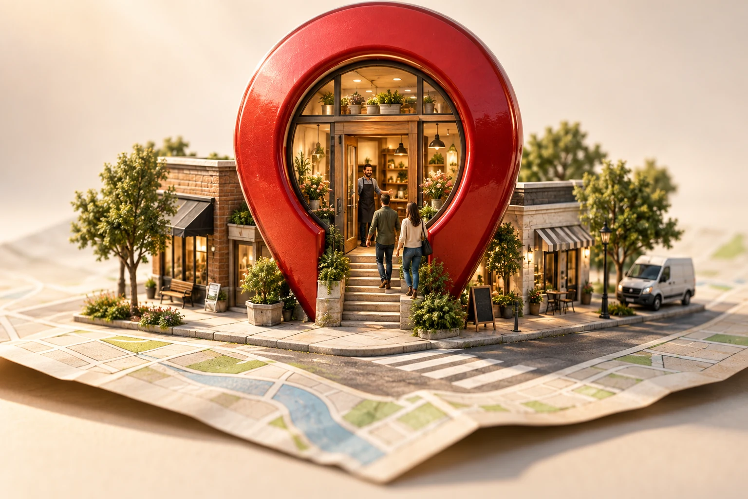 Conceptual location pin framing a business entrance on a dimensional neighborhood map