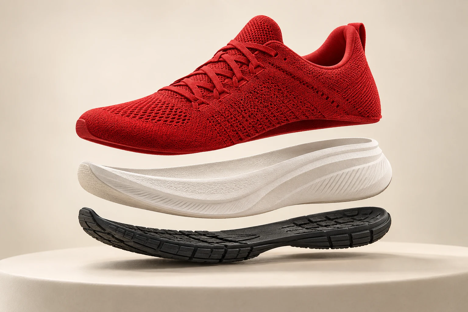 Illustrative product ad: a red running shoe separated into knit upper, white foam midsole and charcoal outsole above an ivory plinth