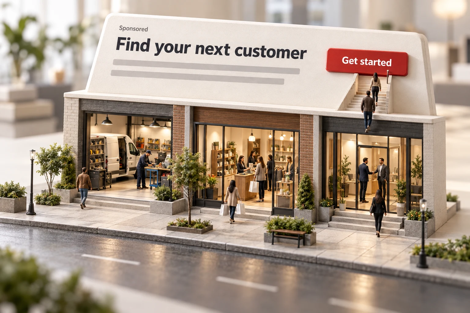Conceptual miniature search ad becoming a commercial street with customers