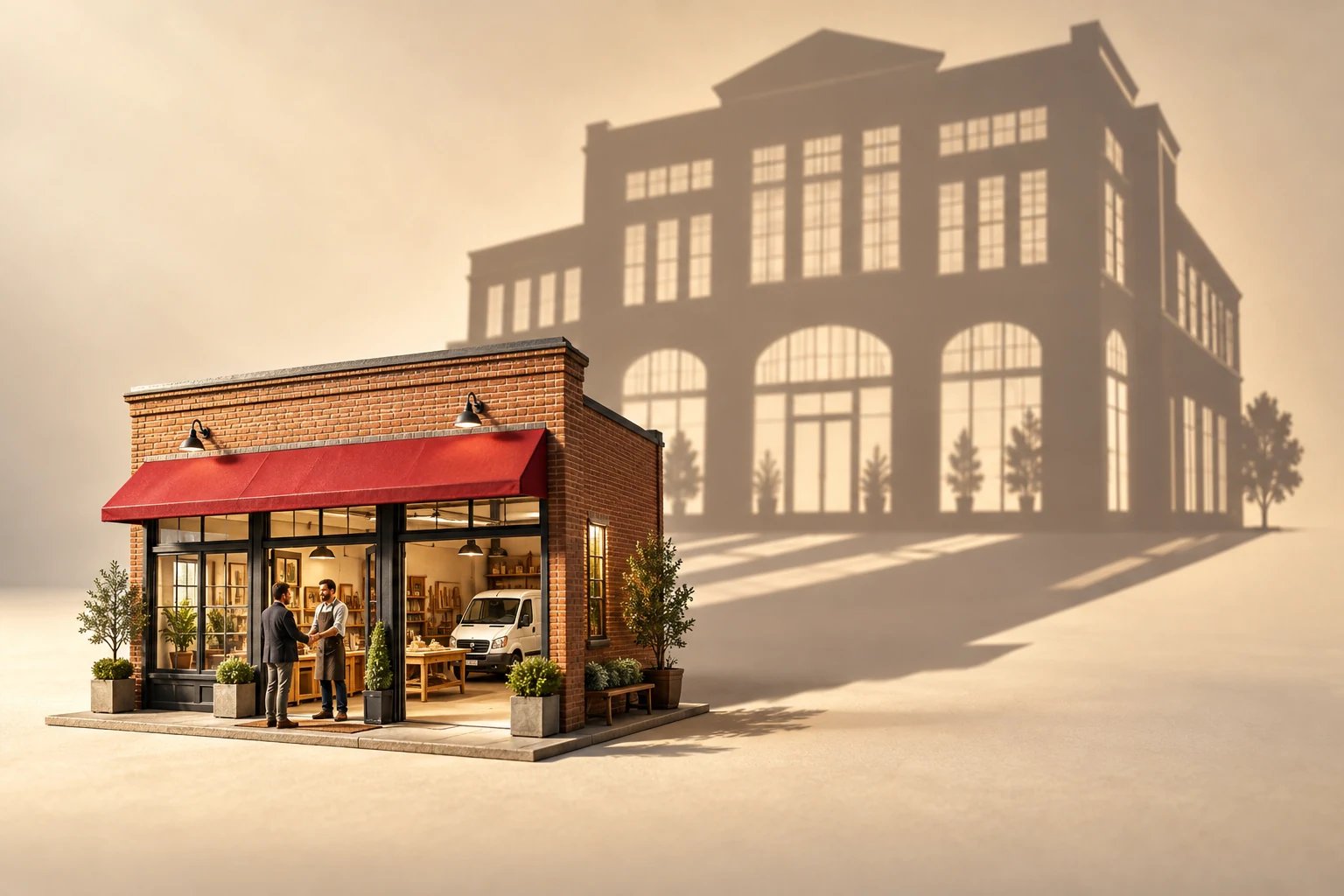 Conceptual small business casting the architectural shadow of a larger market presence