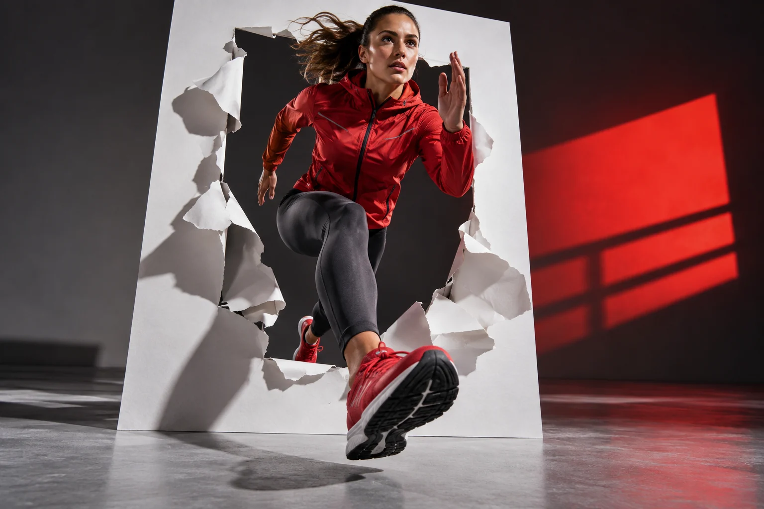 Conceptual sports campaign with an athlete breaking through a paper frame