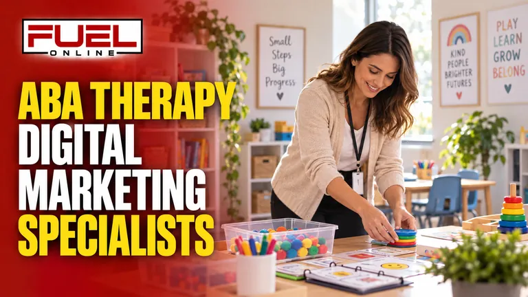 welcoming therapy learning room with tactile educational materials and therapist preparing a table, no children in Fuel Online’s aba therapy Digital Marketing specialist banner