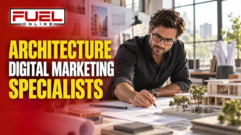 architect at a drafting table with physical architectural scale model and drawings in Fuel Online’s architecture Digital Marketing, SEO, AEO & GEO specialist banner