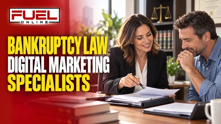 financial legal advisor helping a client organize documents at an office desk, reassuring and professional in Fuel Online’s bankruptcy law firm Lead Generation specialist banner