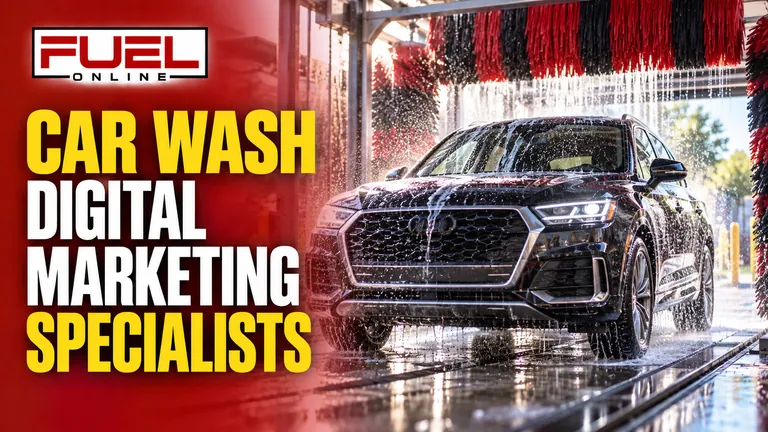 modern immaculate automatic car wash with premium vehicle emerging, water and clean light in Fuel Online’s car wash Digital Marketing specialist banner