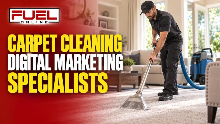professional carpet technician using a carpet extraction wand in an elegant residential living room in Fuel Online’s carpet cleaning SEO specialist banner