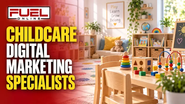 beautiful bright daycare playroom with wooden educational toys, warm welcoming and tidy, no children in Fuel Online’s childcare and daycare SEO specialist banner