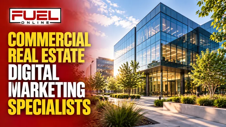 striking modern glass office building and landscaped business campus in Fuel Online’s commercial real estate SEO specialist banner