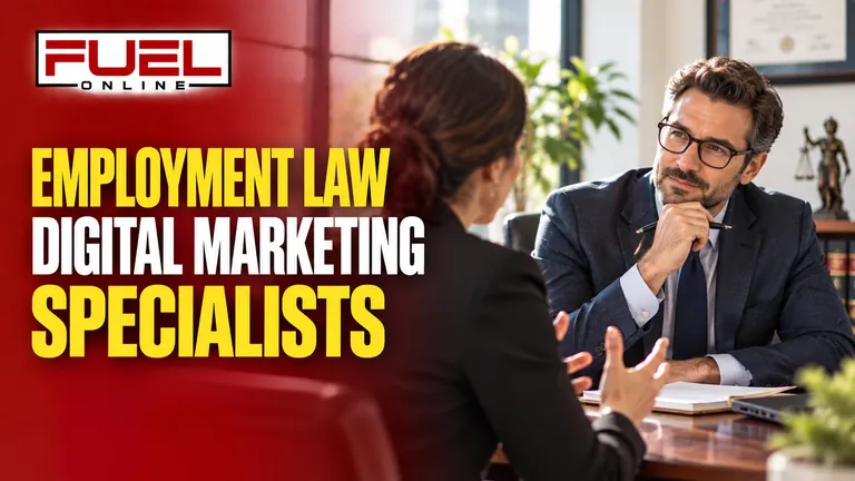 employment attorney listening carefully to a professional client in a bright private consultation office in Fuel Online’s employment law firm Digital Marketing specialist banner