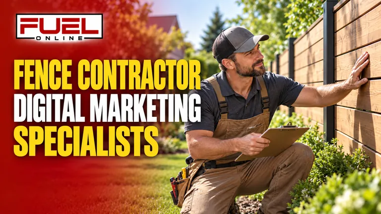 craftsman inspecting a freshly installed stylish wood privacy fence in a manicured yard in Fuel Online’s fence contractor PPC & Google Ads specialist banner