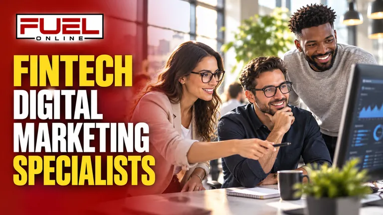 Financial technology team reviewing a payments dashboard in Fuel Online’s fintech Digital Marketing, SEO, AEO & GEO specialist banner