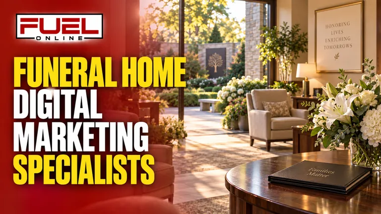 beautiful serene funeral home reception and memorial garden, respectful warm light, no coffins or people grieving in Fuel Online’s funeral home Lead Generation specialist banner