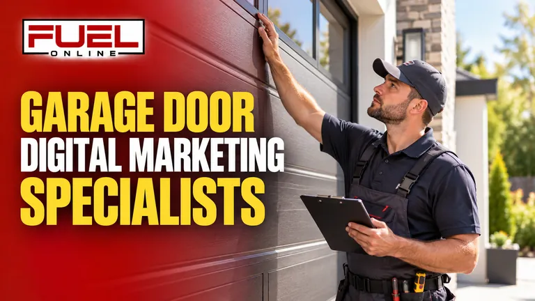 technician inspecting a beautiful modern residential garage door exterior in Fuel Online’s garage door company Digital Marketing, SEO, AEO & GEO specialist banner