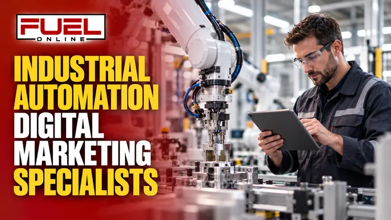 precision robotic arms and automation engineer in a clean modern factory in Fuel Online’s industrial automation Digital Marketing, SEO, AEO & GEO specialist banner