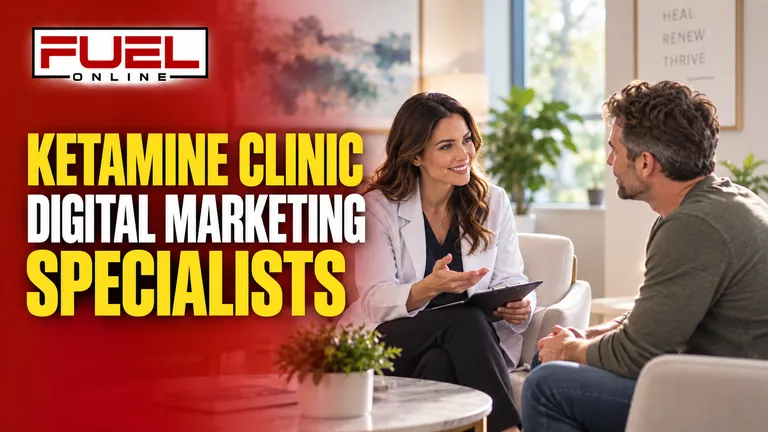 serene modern medical consultation suite with clinician and adult patient talking, no drug administration in Fuel Online’s ketamine clinic PPC & Google Ads specialist banner