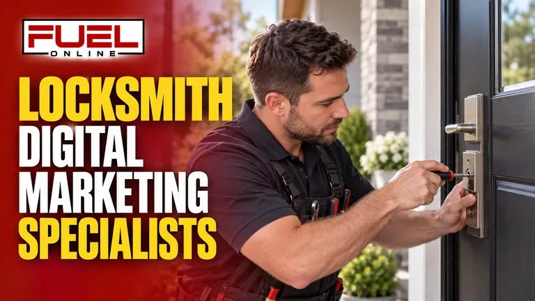 professional locksmith working on a modern residential door lock, ordinary legitimate repair in Fuel Online’s locksmith PPC & Google Ads specialist banner