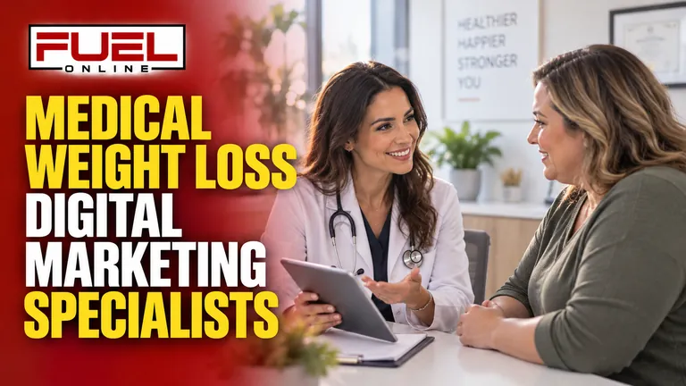 doctor discussing a wellness plan with an adult patient in a welcoming medical office, no body before-after in Fuel Online’s medical weight loss Digital Marketing, SEO, AEO & GEO specialist banner
